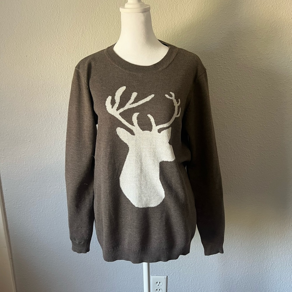 Wanna B Boutique Brown Knit Deer Sweater with Suede Elbows